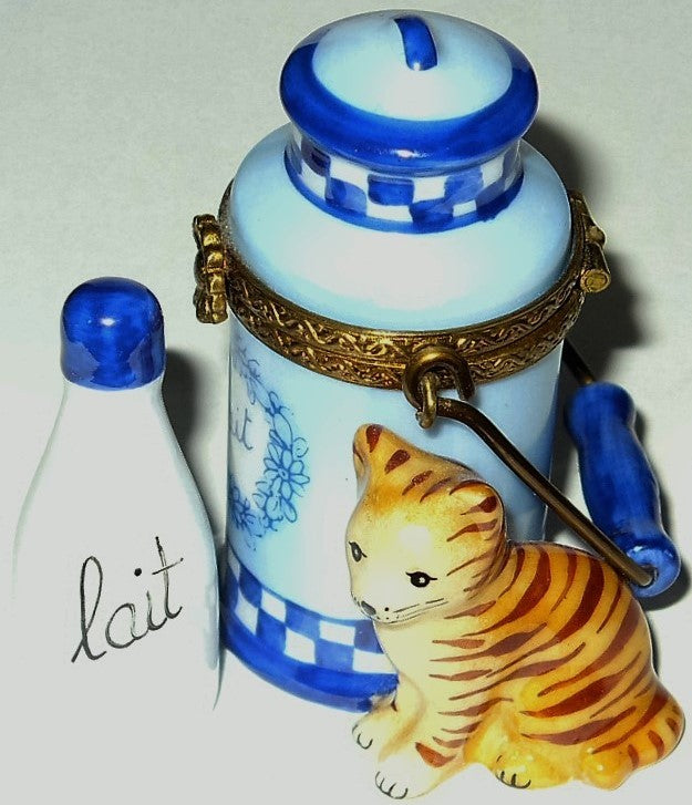 LIMOGES FRANCE BOX - PARRY-VIEILLE - TABBY CAT & MILK BOTTLE - KITTEN - KITTY