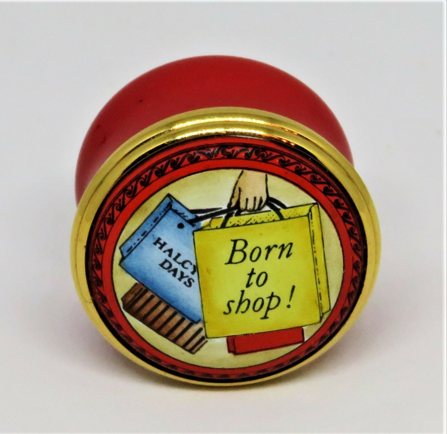 HALCYON DAYS ENGLISH ENAMEL BOX - "BORN TO SHOP!' - SHOPPING BAGS