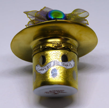 LIMOGES FRANCE BOX - GOLD INCRUSTATION "CHAPEAU DE PARIS" HAT - GOLD LAME FLOWER