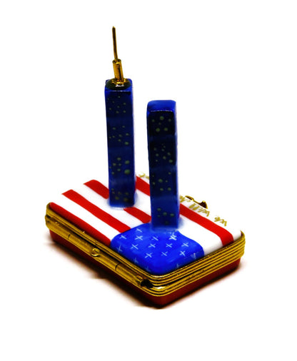 LIMOGES FRANCE BOX- TWIN TOWERS & UNITED STATES FLAG - 911 REMEMBRANCE - 238/750