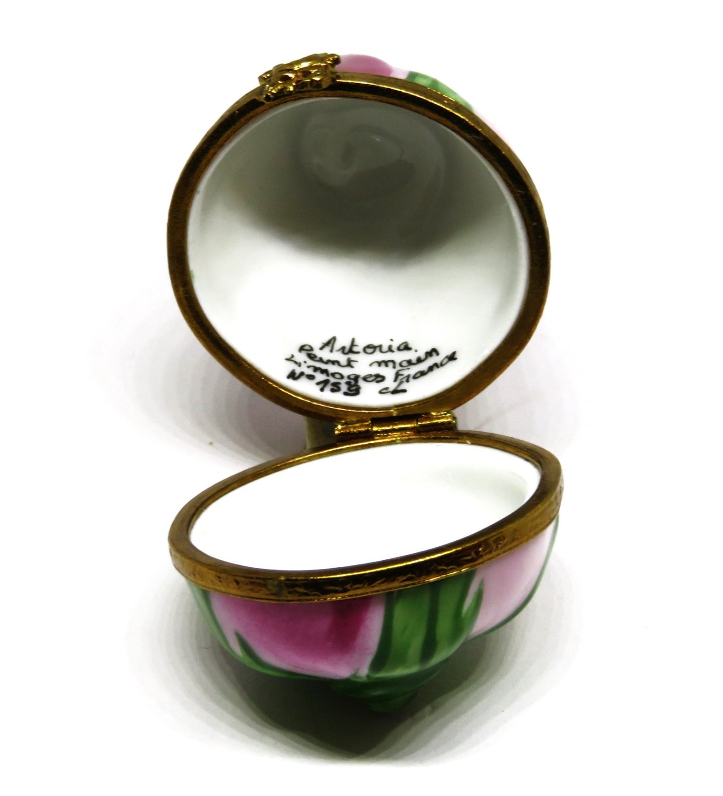 LIMOGES FRANCE BOX - ARTORIA - PINK ROSEBUD & LEAVES - FLOWERS - LE #159