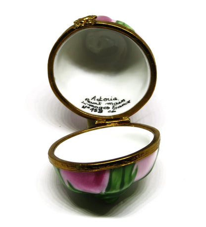 LIMOGES FRANCE BOX - ARTORIA - PINK ROSEBUD & LEAVES - FLOWERS - LE #159