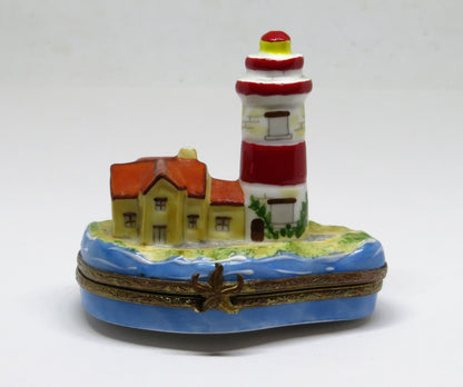 LIMOGES FRANCE BOX - LIGHTHOUSE & ISLAND - STARFISH CLASP - BIRDS & SUN INSIDE