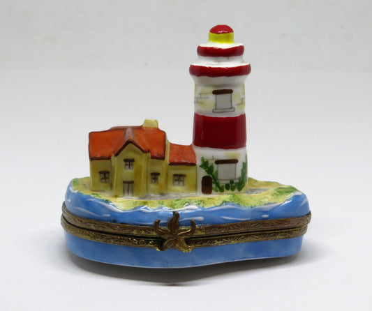 LIMOGES FRANCE BOX - LIGHTHOUSE & ISLAND - STARFISH CLASP - BIRDS & SUN INSIDE