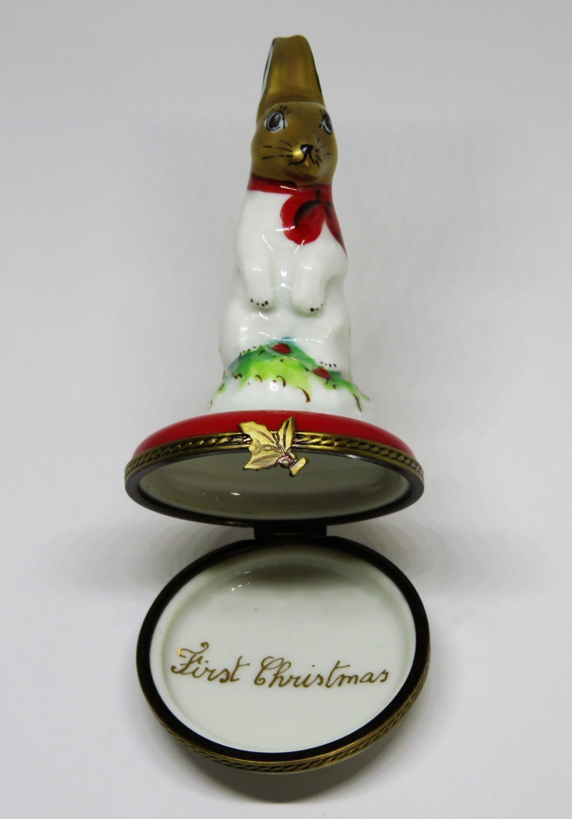 LIMOGES FRANCE BOX - CHAMART - WHITE BUNNY & RED BOW & HOLLY - FIRST CHRISTMAS