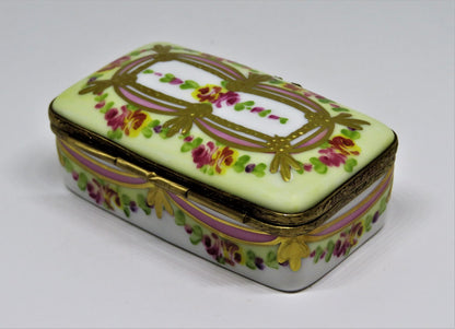 LIMOGES FRANCE BOX - FLORAL STAMP BOX - FLOWERS - ROSES - RIBBONS & TASSELS