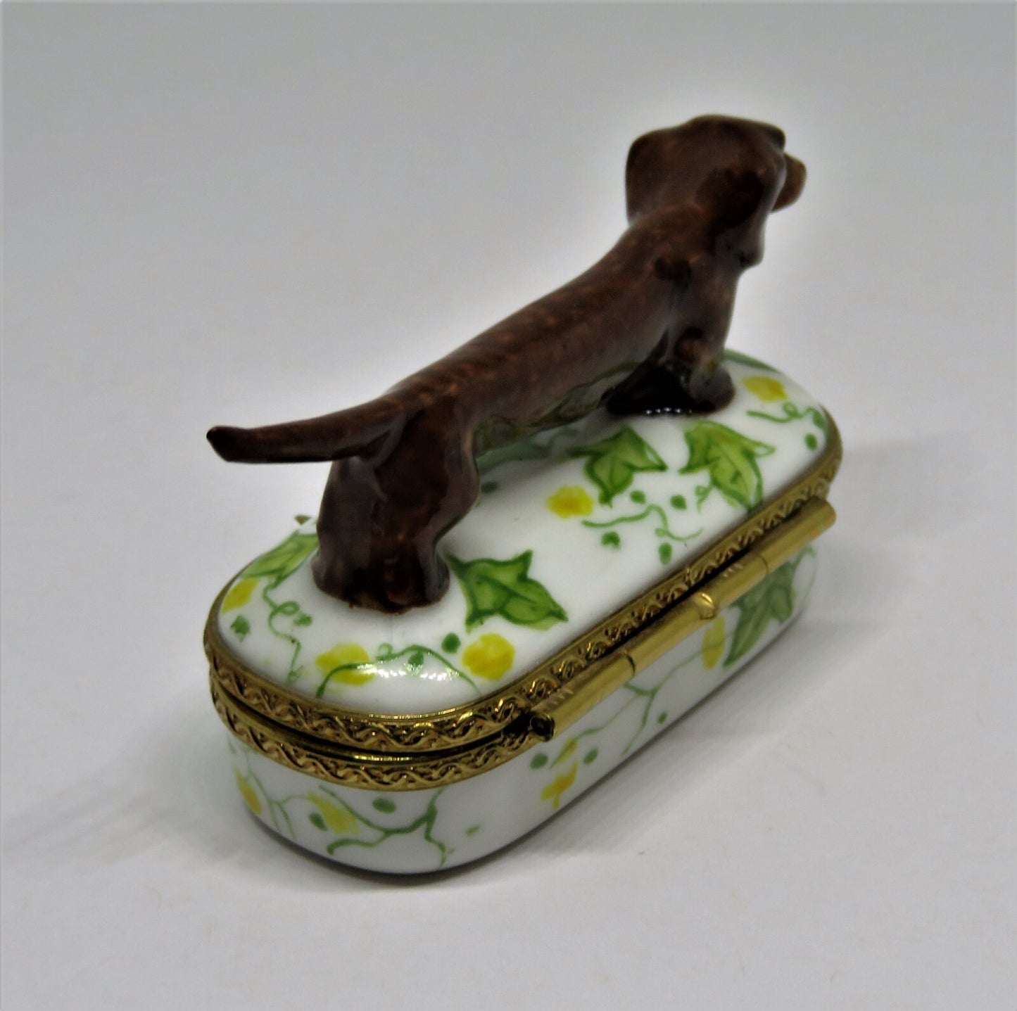 LIMOGES FRANCE - BROWN DACHSHUND DOG & PIN SHAPED BOX - LEAVES & FLOWERS - PUPPY