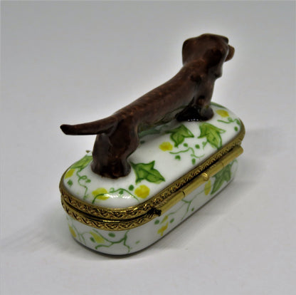 LIMOGES FRANCE - BROWN DACHSHUND DOG & PIN SHAPED BOX - LEAVES & FLOWERS - PUPPY