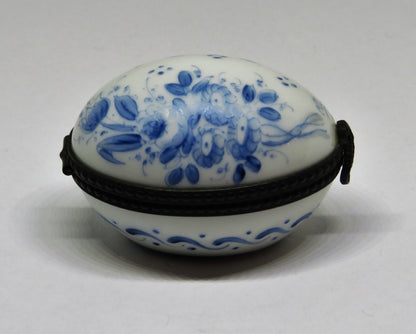 LIMOGES FRANCE BOX ~ VINTAGE FLORAL EASTER EGG ~ BLUE FLOWERS ~ TOP SIGNED "MC"