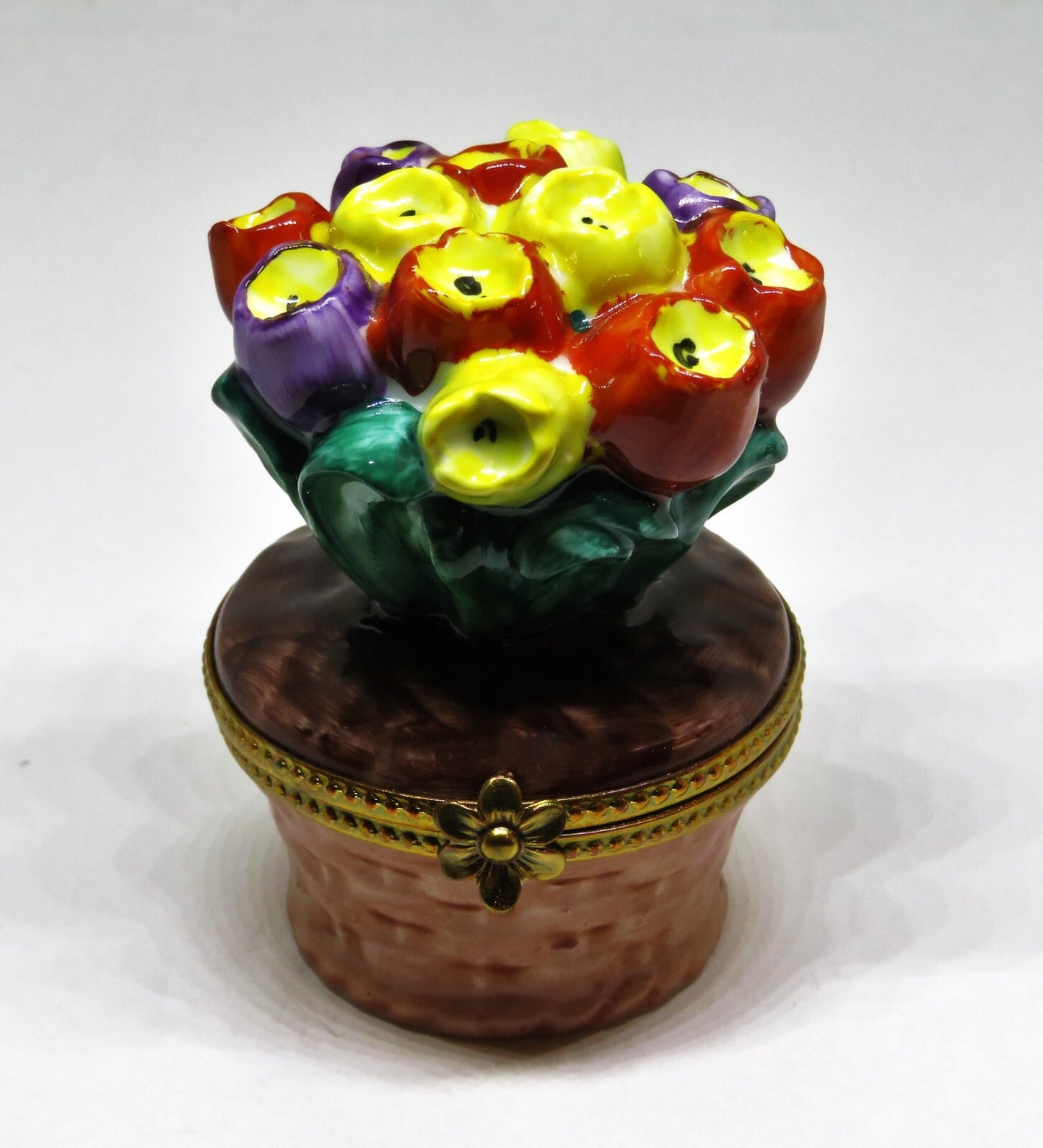 LIMOGES BOX ~ ROCHARD ~ VINTAGE BASKET OF TULIPS ~ FLOWERS ~ HAND PAINTED