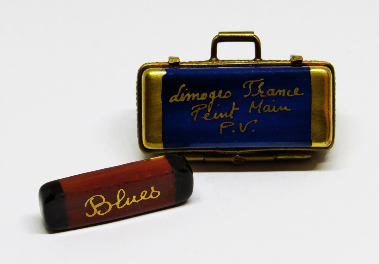 LIMOGES BOX ~PARRY-VIEILLE~ VINTAGE CASE & BLUES HARMONICA ~ MUSICAL INSTRUMENTS