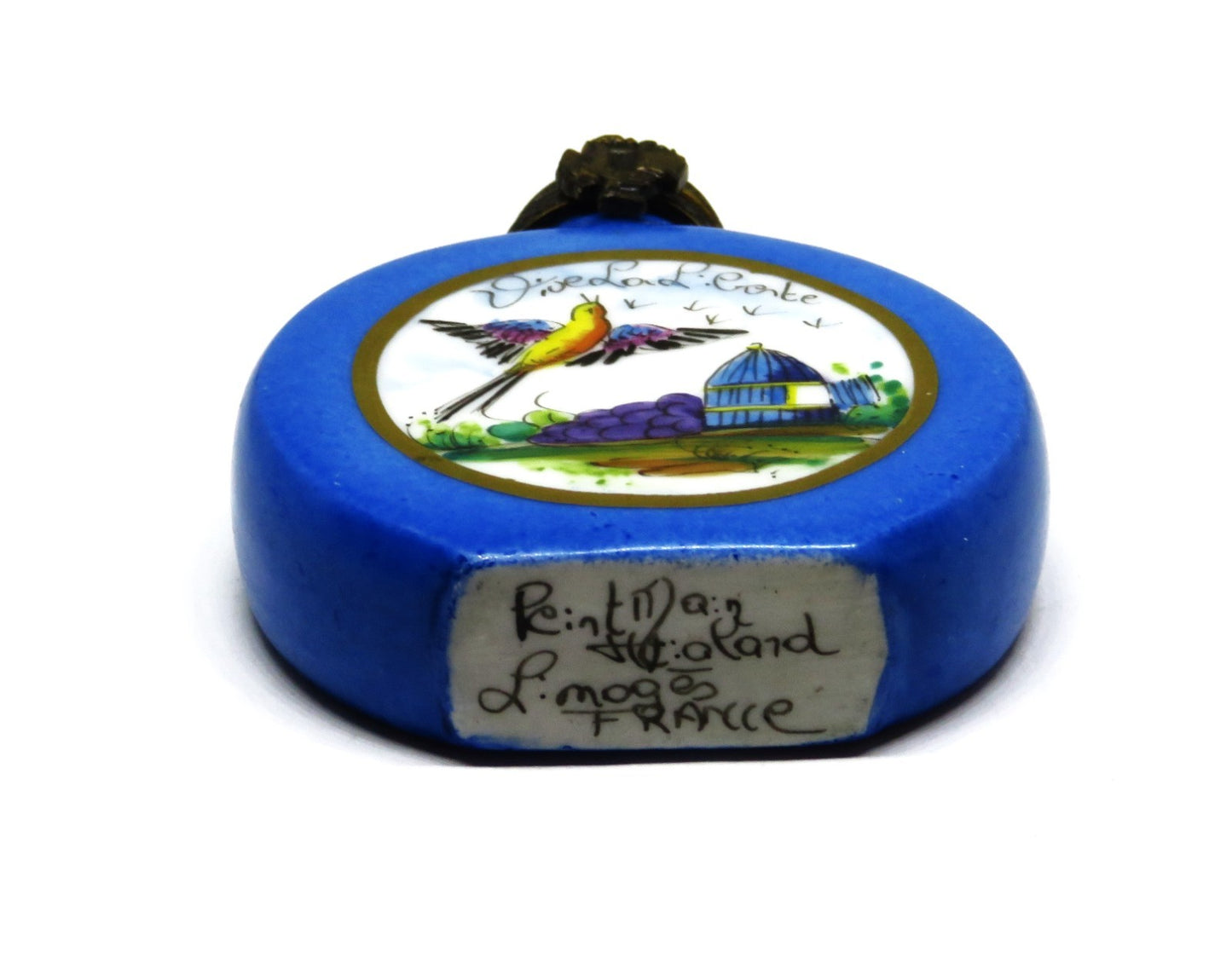 LIMOGES FRANCE BOX - VIALARD - BLUE PERFUME BOTTLE & BIRD - "VIVE LA LIBERTÉ"