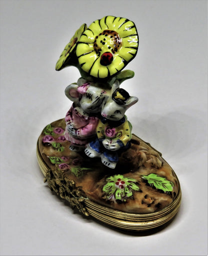 LIMOGES FRANCE BOX - MOUSE COUPLE & SUNFLOWERS - MICE IN LOVE - ANNVERSARY