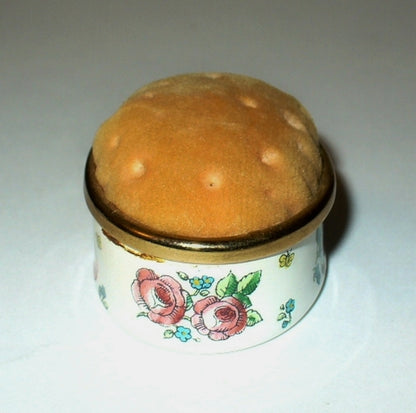 HALCYON DAYS ENAMEL BOX - FLORAL & BUTTERFLY PIN CUSHION - ROSES - SEWING - MIB