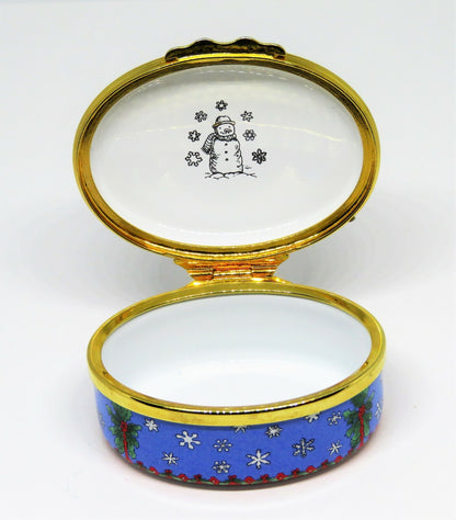 HALCYON DAYS ENAMEL BOX - CHRISTMAS SCENE - SNOWMAN & CHILDREN & SNOWFLAKES