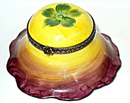 LIMOGES FRANCE BOX~ PARRY-VIEILLE ~ YELLOW SUNFLOWER & CUT OUT STEM ~ PEINT MAIN
