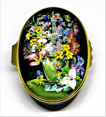 HALCYON DAYS ENAMEL BOX- MARIANNE NORTH PAINTING - VASE & CALIFORNIA FLOWERS -LE