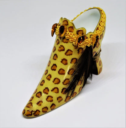 LIMOGES 2 BOX SET- EXOTIC LEOPARD PRINT HAT & SHOE - BRAID & FEATHERS & CRYSTALS