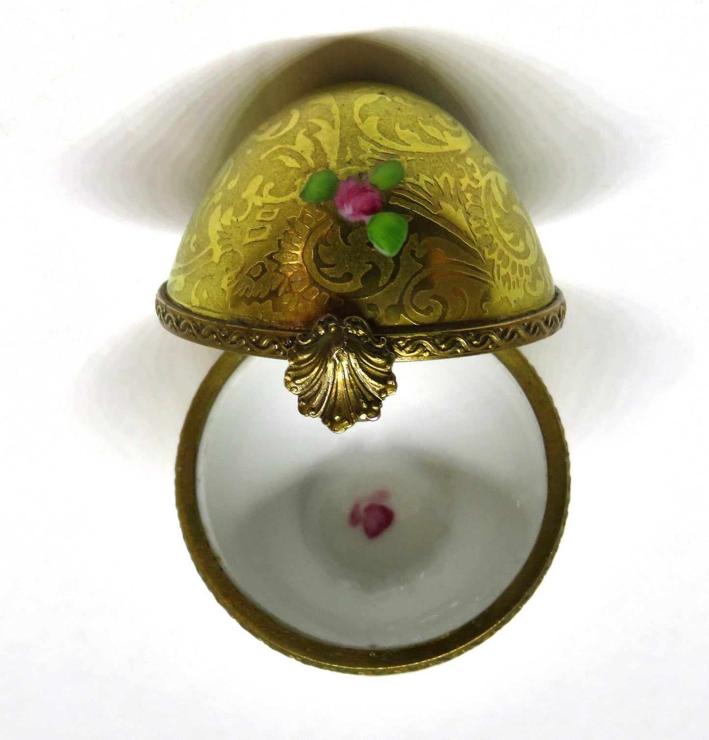 LIMOGES FRANCE BOX -DUMONT- VINTAGE GOLD INCRUSTATION EGG & PINK ROSES - FLOWERS