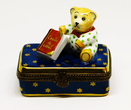 LIMOGES FRANCE BOX -PARRY-VIEILLE- TEDDY BEAR & BOOK OF CHRISTMAS STORIES -STARS