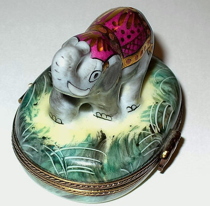 LIMOGES FRANCE BOX -ASIAN ELEPHANT & CEREMONIAL ATTIRE- JUNGLE FOLIAGE & SHRUBS