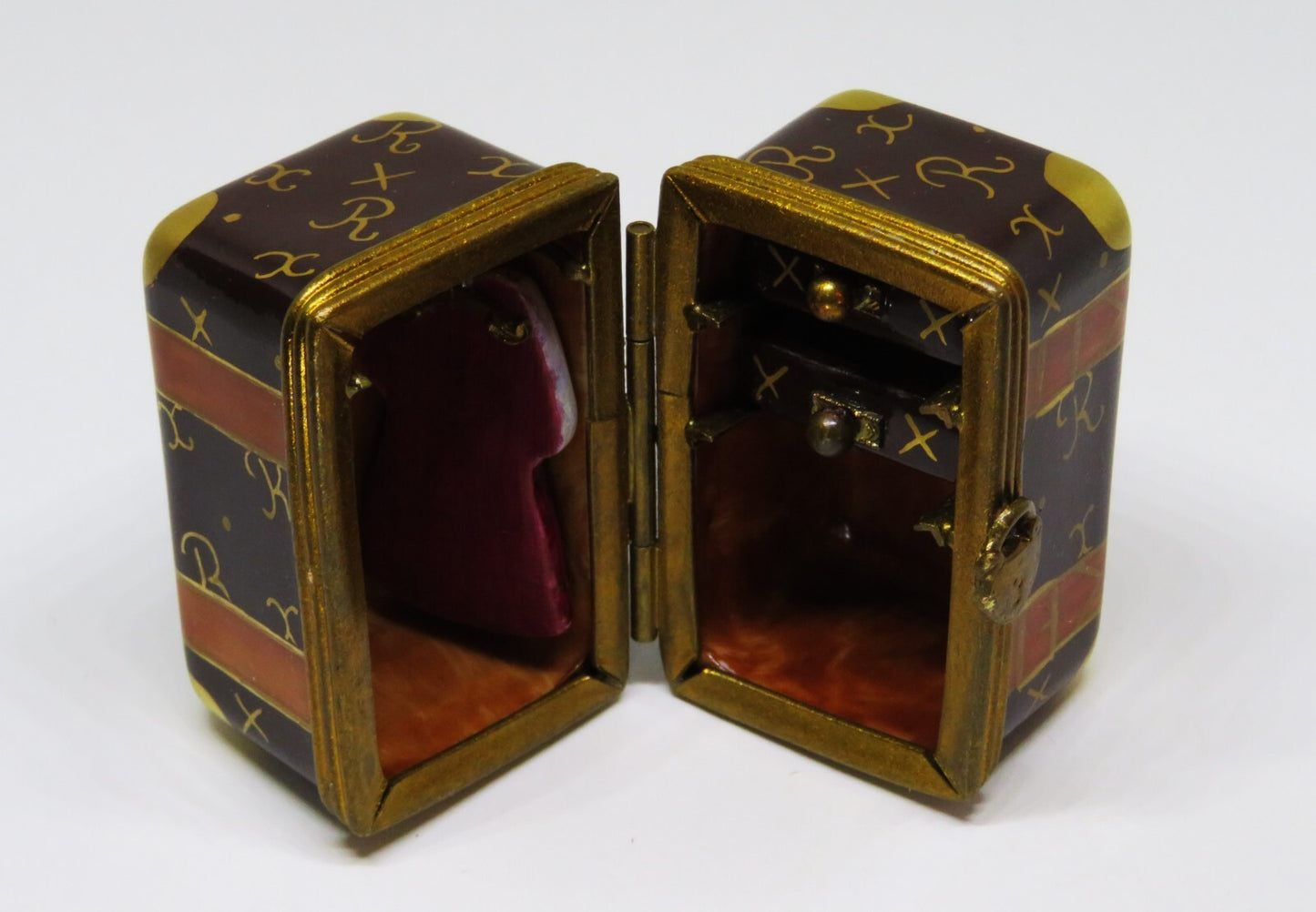 LIMOGES BOX - ROCHARD - DESIGNER STEAMER TRUNK & PADLOCK - DRAWERS & DRESS