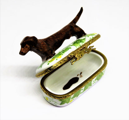 LIMOGES FRANCE - BROWN DACHSHUND DOG & PIN SHAPED BOX - LEAVES & FLOWERS - PUPPY