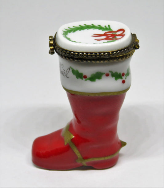 LIMOGES FRANCE BOX -CHRISTMAS- SANTA CLAUS BOOT - HOLLY & WREATH & "JOYEUX NOEL"
