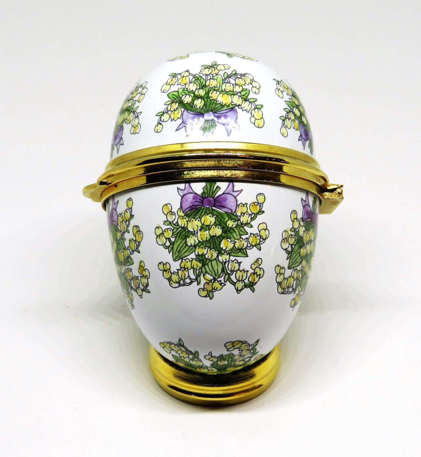 STAFFORDSHIRE ENGLISH ENAMEL BOX -EGG & BOUQUETS OF LILY OF THE VALLEY- FLOWERS
