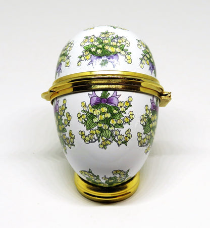 STAFFORDSHIRE ENGLISH ENAMEL BOX -EGG & BOUQUETS OF LILY OF THE VALLEY- FLOWERS