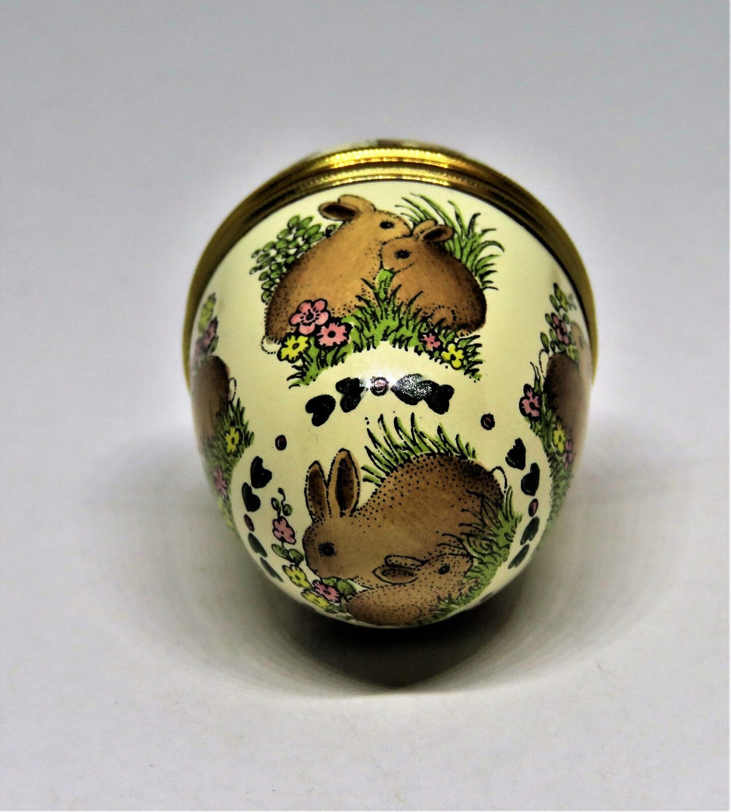 HALCYON DAYS ENAMEL BOX - VINTAGE EASTER BUNNY EGG & STAND - RABBITS & FLOWERS