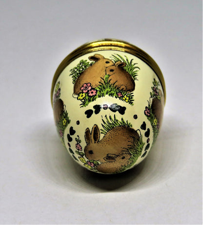 HALCYON DAYS ENAMEL BOX - VINTAGE EASTER BUNNY EGG & STAND - RABBITS & FLOWERS