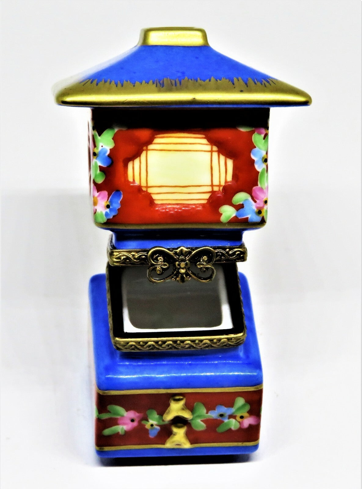 LIMOGES FRANCE BOX - ASIAN LANTERN - FLOWERS & GOLD TASSELS  - BUTTEFLY CLASP