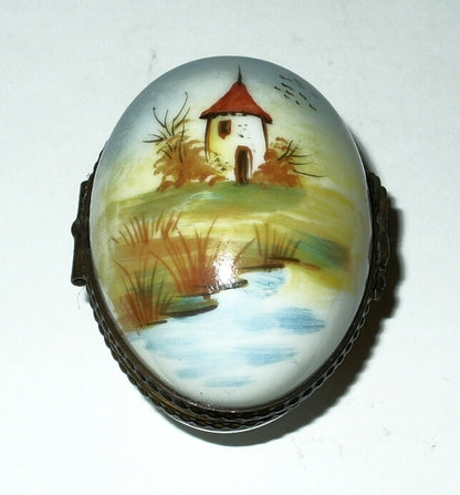 LIMOGES BOX - VINTAGE EASTER EGG & RURAL LANDSCAPE SCENE -SILO & STREAM- FLOWERS