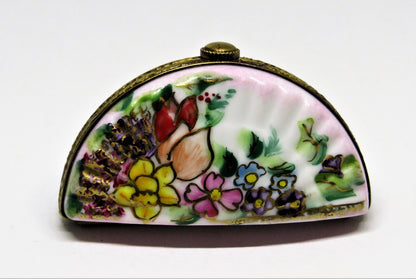 LIMOGES FRANCE BOX - TINY PINK & WHITE FLORAL ASIAN FAN - ASSORTED FLOWERS