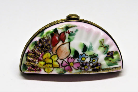 LIMOGES FRANCE BOX - TINY PINK & WHITE FLORAL ASIAN FAN - ASSORTED FLOWERS