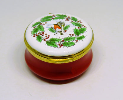 CRUMMLES ENGLISH ENAMEL BOX- ANNO DOMINI CHRISTMAS 1976 - ROBIN & HOLLY & CHURCH