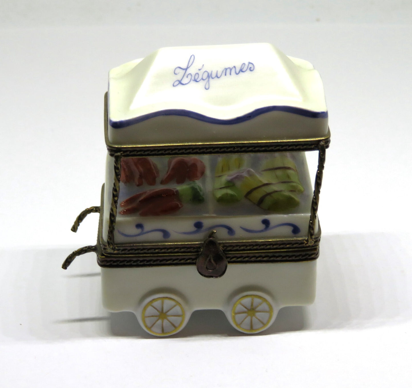 LIMOGES BOX ~ OUTDOOR VEGETABLE STAND ~ PUSHCART & AWNING ~ LEGUMES ~ PEINT MAIN