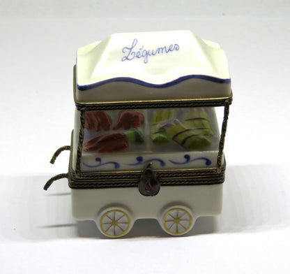 LIMOGES BOX ~ OUTDOOR VEGETABLE STAND ~ PUSHCART & AWNING ~ LEGUMES ~ PEINT MAIN