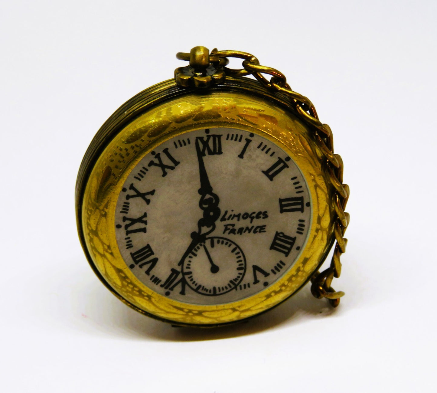 LIMOGES FRANCE BOX - GR - VINTAGE GOLD POCKET WATCH & CHAIN - "ENJOY THE MOMENT"