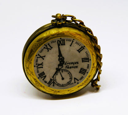 LIMOGES FRANCE BOX - GR - VINTAGE GOLD POCKET WATCH & CHAIN - "ENJOY THE MOMENT"