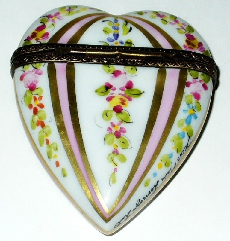 LIMOGES BOX ~ PINK & GOLD HEART ~ FLOWERS & STRIPES ~ ROSES ~ ANNIVERSARY
