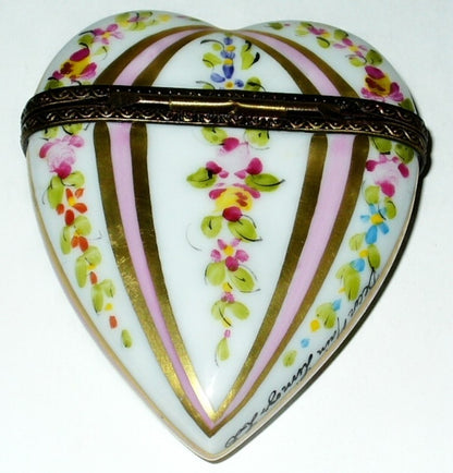 LIMOGES BOX ~ PINK & GOLD HEART ~ FLOWERS & STRIPES ~ ROSES ~ ANNIVERSARY