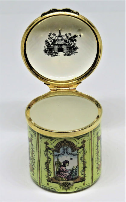 HALCYON DAYS ENAMEL BOX- ASIAN SCENES - CHINOISERIE -TREES- PAGODA -BIRD- PEOPLE