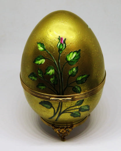 LIMOGES BOX - BEAUCHAMP - HUGE GOLD INCRUSTATION EGG - SONG BIRD & PINK ROSES