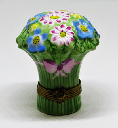 LIMOGES FRANCE BOX~ CHAMART ~ BOUQUET OF FLOWERS ~PINK RIBBON & BOW~ ANNIVERSARY