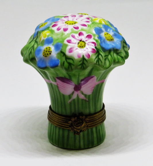 LIMOGES FRANCE BOX~ CHAMART ~ BOUQUET OF FLOWERS ~PINK RIBBON & BOW~ ANNIVERSARY