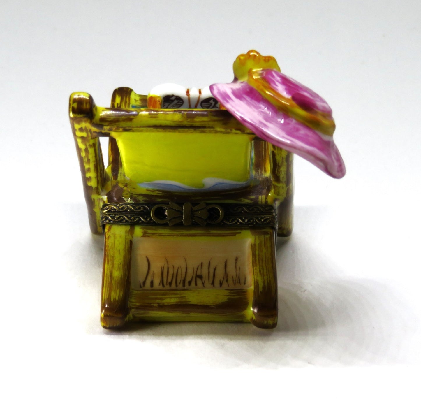 LIMOGES BOX - SINCLAIR - BEACH CHAIR & FISH - 'STRAW' HAT & FLOWER & SUNGLASSES