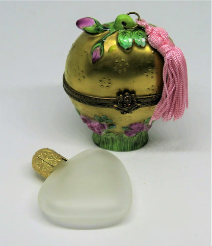 LIMOGES BOX - ROCHARD - GOLD FLORAL HEART & PERFUME BOTTLE - PINK ROSES & TASSEL