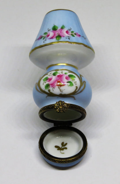 LIMOGES FRANCE BOX - CHAMART - BLUE FLORAL TABLE LAMP - PINK ROSES